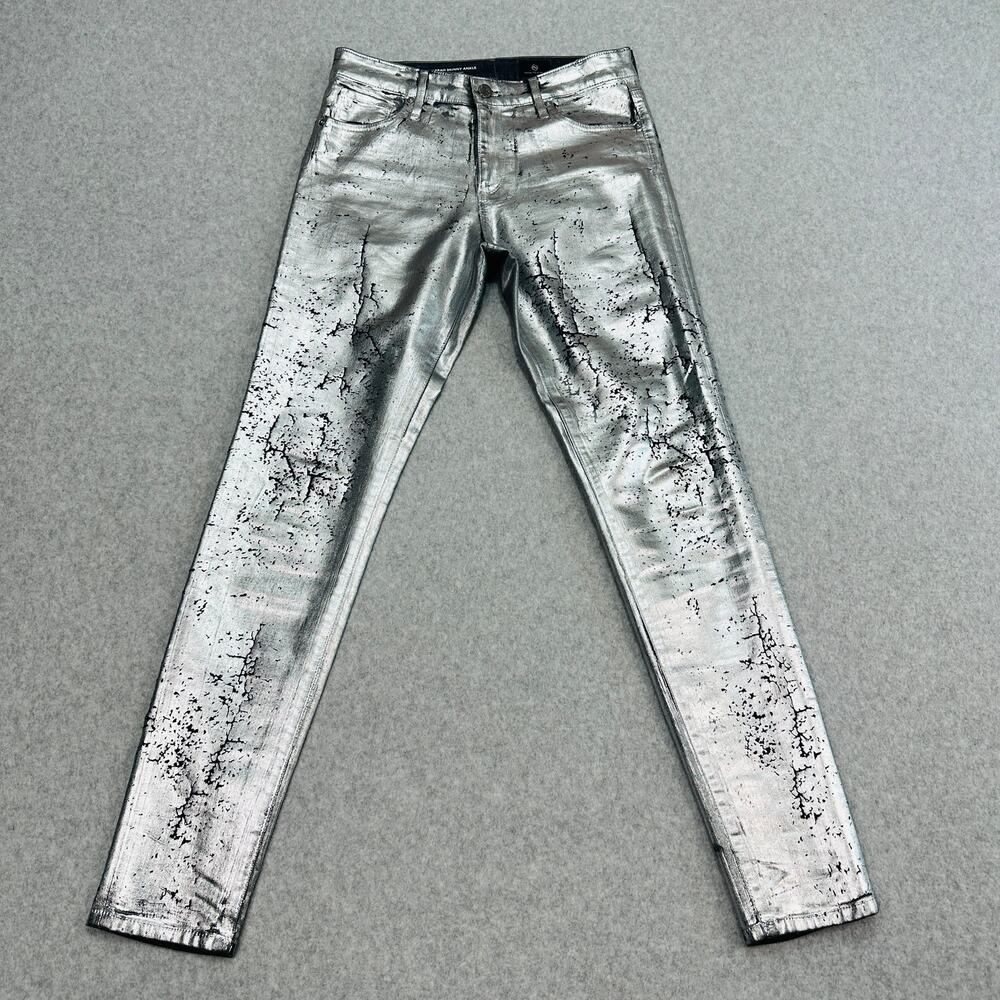 AG Adriano Goldschmied Jeans WMNS 27R Silver Metallic Foil Skinny Ankle Y2K Glam